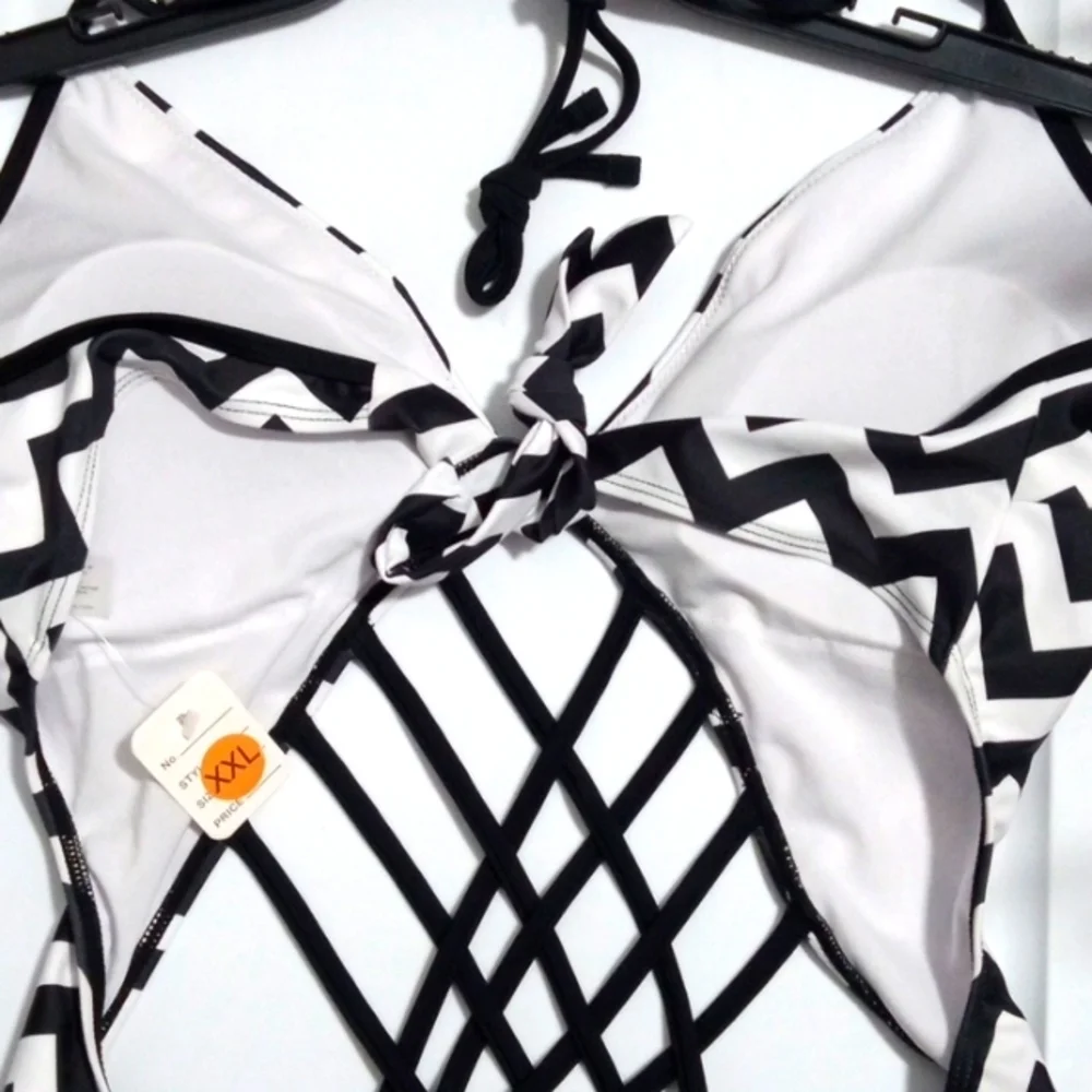 PLUS SIZE HALTER TIE SWIMSUIT - Black & White - High Waisted Monokini - SIZE XXL